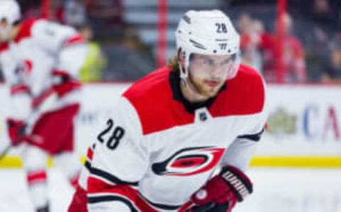 OTTAWA, ON – MARCH 24: Carolina Hurricanes Center Elias Lindholm (28) skates during warm-up before National Hockey League action between the Carolina Hurricanes and Ottawa Senators on March 24, 2018, at Canadian Tire Centre in Ottawa, ON, Canada. (Photo by Richard A. Whittaker/Icon Sportswire via Getty Images)