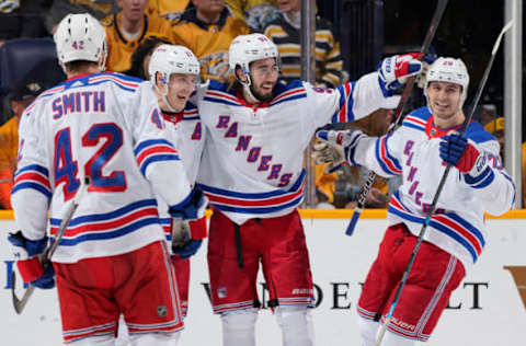 NASHVILLE, TN – DECEMBER 29: Jesper Fast #17 and Mika Zibanejad #93 of the New York Rangers celebrate a goal against the Nashville Predators at Bridgestone Arena on December 29, 2018 in Nashville, Tennessee. (Photo by John Russell/NHLI via Getty Images)