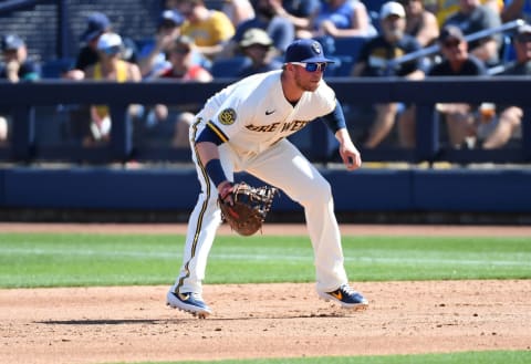 Justin Smoak #12 of the Milwaukee Brewers (Photo by Norm Hall/Getty Images)