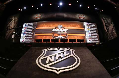 Jun 27, 2014; Philadelphia, PA, USA; A general view of the complete draft board after the completion of the first round of the 2014 NHL Draft at Wells Fargo Center. Mandatory Credit: Bill Streicher-USA TODAY Sports