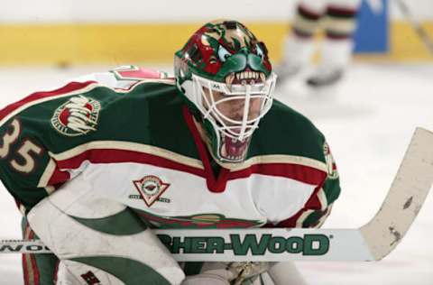 Manny Fernandez #35 of the Minnesota Wild prior to the game against the Colorado Avalanche on February 28, 2006 at Pepsi Center in Denver, Colorado. (Photo by Garrett Ellwood/NHLImages)