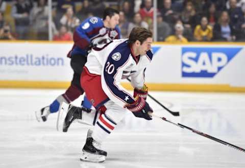 uJan 30, 2016; Nashville, TN, USA; Metropolitan Division forward Brandon Saad (20) of the Columbus Blue Jackets races Central Division forward Matt Duchene (9) of the Colorado Avalanche during the 2016 NHL All Star Game Skills Competition at Bridgestone Arena. Mandatory Credit: Christopher Hanewinckel-USA TODAY Sports