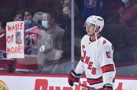 MONTREAL, QC – OCTOBER 21: Jesperi Kotkaniemi #82 of the Carolina Hurricanes skates in the warmups prior to the game against the Montreal Canadiens at Centre Bell on October 21, 2021, in Montreal, Canada. The Carolina Hurricanes defeated the Montreal Canadiens 4-1. (Photo by Minas Panagiotakis/Getty Images)