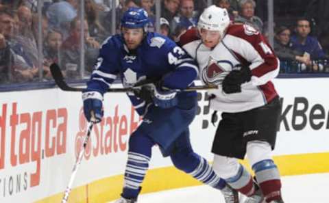 Toronto Maple Leafs – Tyson Barrie battles Nazem Kadri (Photo by Claus Andersen/Getty Images)