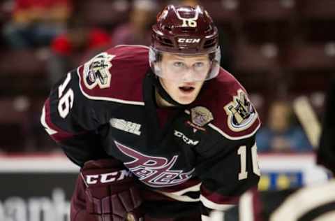 WINDSOR, ON – OCTOBER 08: Forward Steven Lorentz #16 of the Peterborough Petes prepares for a faceoff against the Windsor Spitfires on October 8, 2015 at the WFCU Centre in Windsor, Ontario, Canada. (Photo by Dennis Pajot/Getty Images)