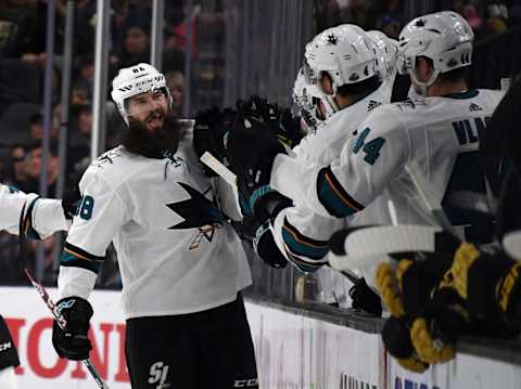 LAS VEGAS, NV – APRIL 28: Brent Burns #88 of the San Jose Sharks celebrates with teammates on the bench after scoring a power-play goal against the Vegas Golden Knights in the second period of Game Two of the Western Conference Second Round during the 2018 NHL Stanley Cup Playoffs at T-Mobile Arena on April 28, 2018 in Las Vegas, Nevada. (Photo by Ethan Miller/Getty Images)