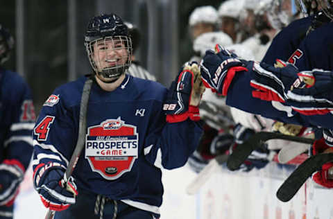 ST. PAUL, MN – SEPTEMBER 19: Team Leopold forward Cole Caufield (14) celebrates his 3rd period goal during the USA Hockey All-American Prospects Game between Team Leopold and Team Langenbrunner on September 19, 2018 at Xcel Energy Center in St. Paul, MN. Team Leopold defeated Team Langenbrunner 6-4.(Photo by Nick Wosika/Icon Sportswire via Getty Images)