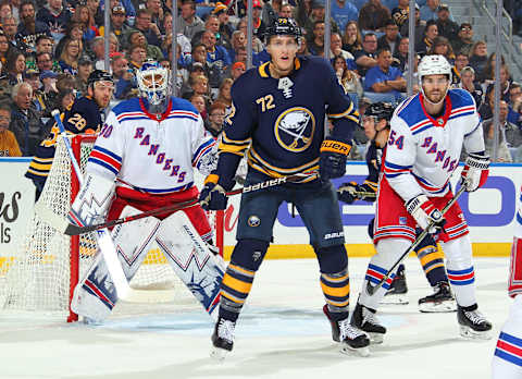 BUFFALO, NY – OCTOBER 6: Adam McQuaid #54 and Henrik Lundqvist #30 of the New York Rangers defend the net against Tage Thompson #72 of the Buffalo Sabres during an NHL game on October 6, 2018 at KeyBank Center in Buffalo, New York. (Photo by Sara Schmidle/NHLI via Getty Images)