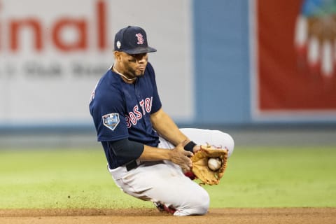 LOS ANGELES, CA – OCTOBER 27: Xander Bogaerts #2 of the Boston Red Sox fields a ground ball during the eighth inning of game four of the 2018 World Series against the Los Angeles Dodgers on October 27, 2018 at Dodger Stadium in Los Angeles, California. (Photo by Billie Weiss/Boston Red Sox/Getty Images)