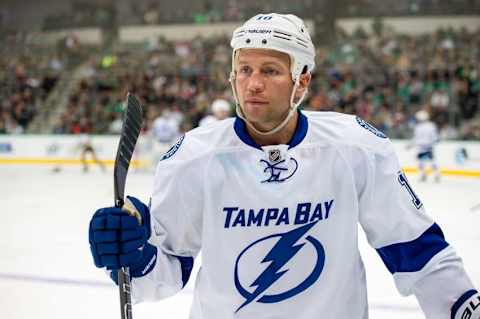 Feb 5, 2015; Dallas, TX, USA; Tampa Bay Lightning left wing Brenden Morrow (10) waits for play to begin against the Dallas Stars during the game at the American Airlines Center. The Lightning defeated the Stars 5-3. Mandatory Credit: Jerome Miron-USA TODAY Sports