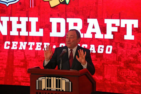 Feb 11, 2016; Chicago, IL, USA; NHL commissioner Gary Bettman during a press conference to announce that Chicago will host the 2017 NHL Draft at United Center. Mandatory Credit: Dennis Wierzbicki-USA TODAY Sports