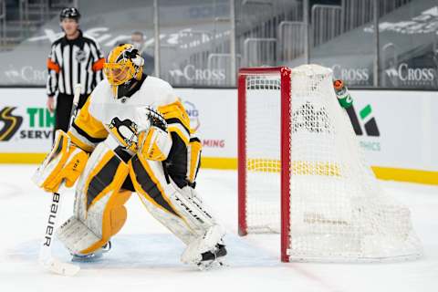 Apr 1, 2021; Boston, Massachusetts, USA; Pittsburgh Penguins goalie Casey DeSmith (1) in action against the Boston Bruins during the first period at TD Garden. Mandatory Credit: Kathryn Riley-USA TODAY Sports