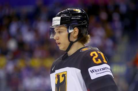 KOSICE, SLOVAKIA – MAY 15: Moritz Seider of Germany looks on during the 2019 IIHF Ice Hockey World Championship Slovakia group A game between Germany and Slovakia at Steel Arena on May 15, 2019 in Kosice, Slovakia. (Photo by Martin Rose/Getty Images)