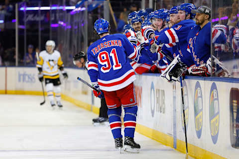 NEW YORK, NY – MARCH 18: Vladimir Tarasenko #91 of the New York Rangers comes to the bench after scoring during the second period of the game against the Pittsburgh Penguins on March 18, 2023, at Madison Square Garden in New York, New York. (Photo by Rich Graessle/Getty Images)