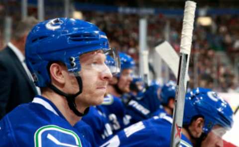 VANCOUVER, BC – DECEMBER 16: Jannik Hansen #36 of the Vancouver Canucks looks on from the bench during their NHL game against the Tampa Bay Lightning at Rogers Arena December 16, 2016 in Vancouver, British Columbia, Canada. (Photo by Jeff Vinnick/NHLI via Getty Images)”n