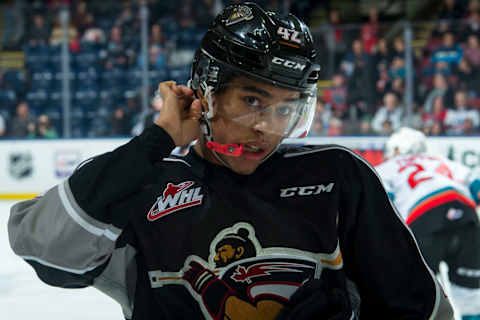 Justin Sourdif #42 of the Vancouver Giants stands on the ice during a time out . (Photo by Marissa Baecker/Getty Images)