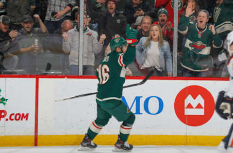 SAINT PAUL, MN – DECEMBER 12: Jason Zucker #16 of the Minnesota Wild celebrates after scoring a goal against the Edmonton Oilers during the game at the Xcel Energy Center on December 12, 2019, in Saint Paul, Minnesota. (Photo by Bruce Kluckhohn/NHLI via Getty Images)