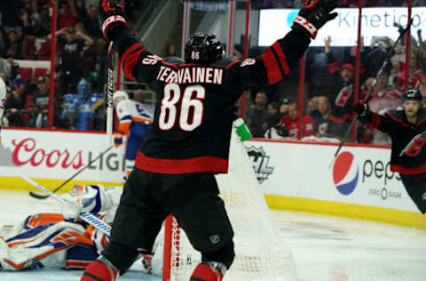 RALEIGH, NC – MAY 03: Teuvo Teravainen #86 of the Carolina Hurricanes celebrates after scoring a goal in Game Four of the Eastern Conference Second Round against the New York Islanders during the 2019 NHL Stanley Cup Playoffs on May 3, 2019 at PNC Arena in Raleigh, North Carolina. (Photo by Gregg Forwerck/NHLI via Getty Images)