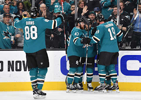 SAN JOSE, CA – NOVEMBER 13: (L-R) Brent Burns #88, Joakim Ryan #47,Kevin LaBanc #62, Marcus Sorensen #20 , and Joe Thornton #19 of the San Jose Sharks celebrate a goal against the Nashville Predators at SAP Center on November 13, 2018 in San Jose, California (Photo by Brandon Magnus/NHLI via Getty Images)