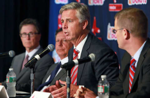 BOSTON – AUGUST 19: The Boston Red Sox introduced Dave Dombrowski as their new President of Baseball Operations during a press conference held in the State Street Pavilion at Fenway Park. Pictured are, left to right, John Henry, Tom Werner, Dombrowski, and Sam Kennedy. (Photo by Jim Davis/The Boston Globe via Getty Images)