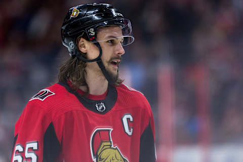 OTTAWA, ON – APRIL 02: Ottawa Senators Defenceman Erik Karlsson (65) prior to a face-off during third period National Hockey League action between the Winnipeg Jets and Ottawa Senators on April 2, 2018, at Canadian Tire Centre in Ottawa, ON, Canada. (Photo by Richard A. Whittaker/Icon Sportswire via Getty Images)