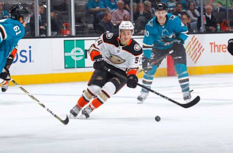 SAN JOSE, CA: Antoine Morand #54 of the Anaheim Ducks skates after the puck against the San Jose Sharks in a prospects game, September 19, 2017. (Photo by Rocky W. Widner/NHL/Getty Images)