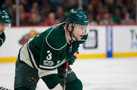 Mar 5, 2017; Saint Paul, MN, USA; Minnesota Wild forward Charlie Coyle (3) at the faceoff in the third period against the San Jose Sharks at Xcel Energy Center. The Minnesota Wild beat the San Jose Sharks 3-1. Mandatory Credit: Brad Rempel-USA TODAY Sports