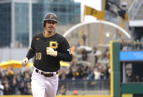 Apr 7, 2023; Pittsburgh, Pennsylvania, USA; Pittsburgh Pirates left fielder Bryan Reynolds (10) circles the bases on a three run home run against the Chicago White Sox during the fourth inning at PNC Park. Mandatory Credit: Charles LeClaire-USA TODAY Sports