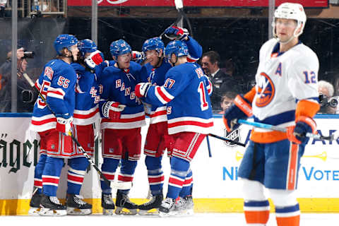 NEW YORK, NY – JANUARY 13: Adam Fox #23 of the New York Rangers reacts after scoring a goal in the second period against the New York Islanders at Madison Square Garden on January 13, 2020 in New York City. (Photo by Jared Silber/NHLI via Getty Images)