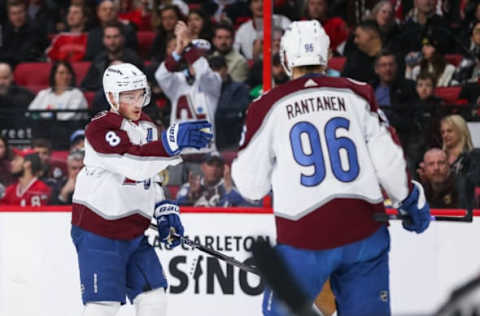 OTTAWA, CANADA – MARCH 16: Cale Makar #8 of the Colorado Avalanche celebrates Valeri Nichushkin #13 (not shown) first period goal against the Ottawa Senators at Canadian Tire Centre on March 16, 2023 in Ottawa, Ontario, Canada. (Photo by Chris Tanouye/Freestyle Photography/Getty Images)