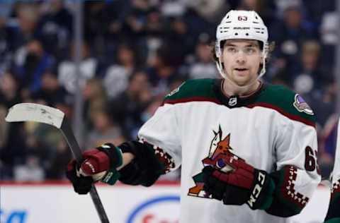 Mar 27, 2022; Winnipeg, Manitoba, CAN; Arizona Coyotes left wing Matias Maccelli (63) at Canada Life Centre. Mandatory Credit: James Carey Lauder-USA TODAY Sports