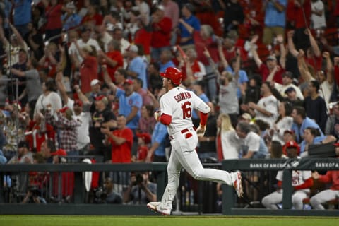 May 15, 2023; St. Louis, Missouri, USA; St. Louis Cardinals designated hitter Nolan Gorman (16) hits a three run home run against the Milwaukee Brewers during the eighth inning at Busch Stadium. Mandatory Credit: Jeff Curry-USA TODAY Sports