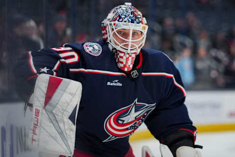 Nov 29, 2023; Columbus, Ohio, USA; Columbus Blue Jackets goaltender Elvis Merzlikins skates during warmups before a game against the Montreal Canadiens at Nationwide Arena. Mandatory Credit: Aaron Doster-USA TODAY Sports