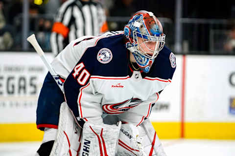 Mar 19, 2023; Las Vegas, Nevada, USA; Columbus Blue Jackets goaltender Daniil Tarasov (40) plays during the second period against the Vegas Golden Knights at T-Mobile Arena. Mandatory Credit: Lucas Peltier-USA TODAY Sports