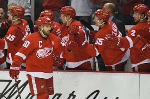 Nov 15, 2016; Detroit, MI, USA; Detroit Red Wings left wing Henrik Zetterberg (40) celebrates his goal with teammates during the third period against the Tampa Bay Lightning at Joe Louis Arena. Mandatory Credit: Tim Fuller-USA TODAY Sports