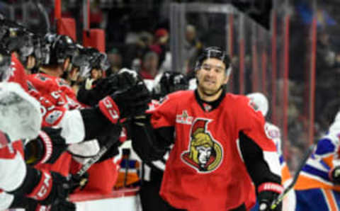 Feb 11, 2017; Ottawa, Ontario, CAN; Ottawa Senators forward Mark Stone (61) reacts with teammates after scoring a goal against the New York Islanders during the first period at Canadian Tire Centre. Mandatory Credit: Eric Bolte-USA TODAY Sports