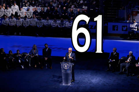 Mar 5, 2022; Columbus, Ohio, USA; Doug MacLean during the jersey retirement of former Columbus Blue Jackets forward Rick Nash before the game at Nationwide Arena. Mandatory Credit: Russell LaBounty-USA TODAY Sports