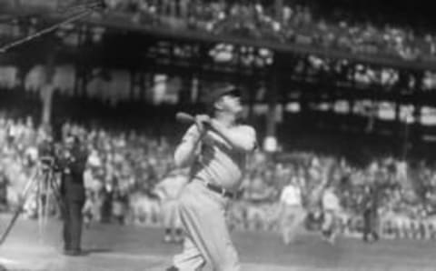 (Original Caption) 10/05/1927-Babe Ruth, New York Yankees, knocking out homers during the World Series.