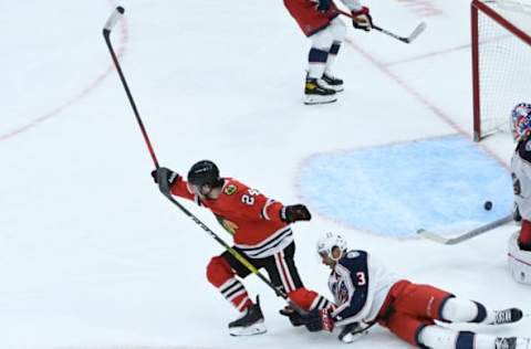 Feb 11, 2021; Chicago, Illinois, USA; Chicago Blackhawks, #24 Pius Suter Mandatory Credit: David Banks-USA TODAY Sports