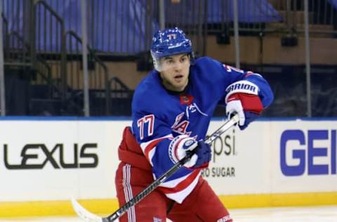 NEW YORK, NEW YORK – JANUARY 30: Tony DeAngelo #77 of the New York Rangers skates against the Pittsburgh Penguins at Madison Square Garden on January 30, 2021, in New York City. (Photo by Bruce Bennett/Getty Images)