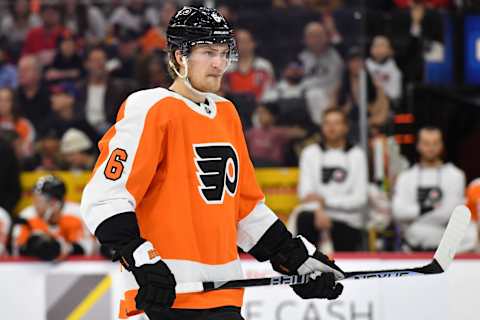 Mar 5, 2023; Philadelphia, Pennsylvania, USA; Philadelphia Flyers defenseman Travis Sanheim (6) against the Detroit Red Wings during the first period at Wells Fargo Center. Mandatory Credit: Eric Hartline-USA TODAY Sports