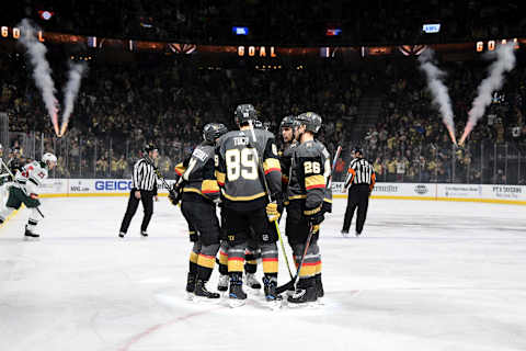 LAS VEGAS, NV – JANUARY 21: Alex Tuch #89 of the Vegas Golden Knights celebrates after scoring a goal during the first period against the Minnesota Wild at T-Mobile Arena on January 21, 2019 in Las Vegas, Nevada. (Photo by Jeff Bottari/NHLI via Getty Images)