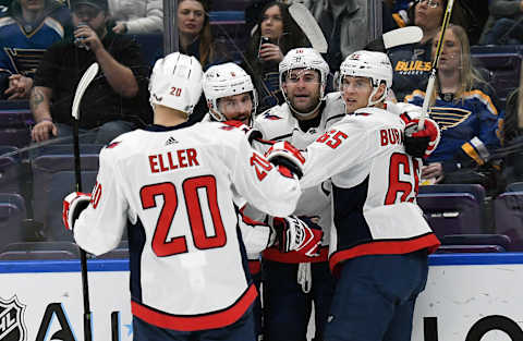 ST. LOUIS, MO. – JANUARY 03: Washington players celebrate after a goal in the second period during an NHL game between the Washington Capitals and the St. Louis Blues on January 03, 2019, at Enterprise Center, St. Louis, MO. (Photo by Keith Gillett/Icon Sportswire via Getty Images)