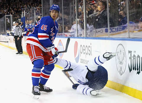 NEW YORK, NEW YORK – JANUARY 19: Braden Schneider #45 of the New York Rangers skates against the Toronto Maple Leafs at Madison Square Garden on January 19, 2022 in New York City. (Photo by Bruce Bennett/Getty Images)