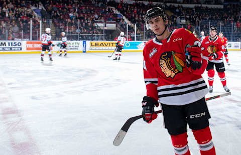 Seth Jarvis of the Portland Winterhawks skates to the bench to celebrate the first goal of the first period against the Kelowna Rockets at Prospera Place on February 7, 2020.