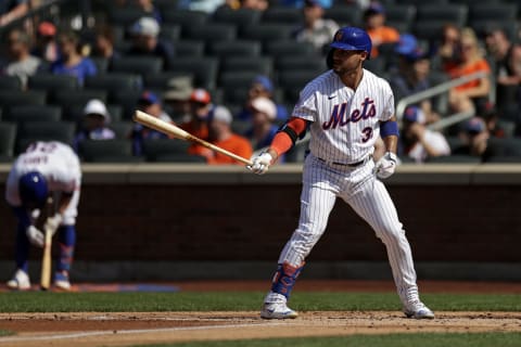 NEW YORK, NY – AUGUST 12: Michael Conforto #30 of the New York Mets at bat during the second inning against the Washington Nationals in game two of a doubleheader at Citi Field on August 12, 2021 in New York City. (Photo by Adam Hunger/Getty Images)