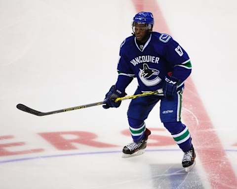 Sep 23, 2014; Vancouver, British Columbia, CAN; Vancouver Canucks defenseman Jordan Subban (67) skates against the San Jose Sharks during the first period at Rogers Arena. The Vancouver Canucks won 4-2. Mandatory Credit: Anne-Marie Sorvin-USA TODAY Sport