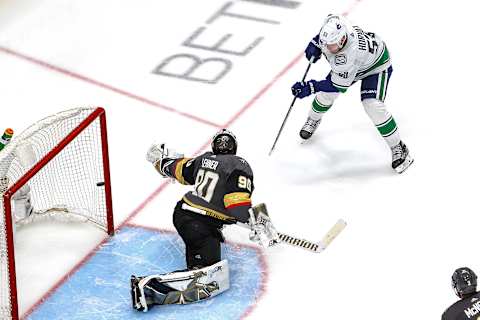 Vancouver Canucks Bo Horvat scores a goal on the Vegas Golden Knights  (Photo by Bruce Bennett/Getty Images)