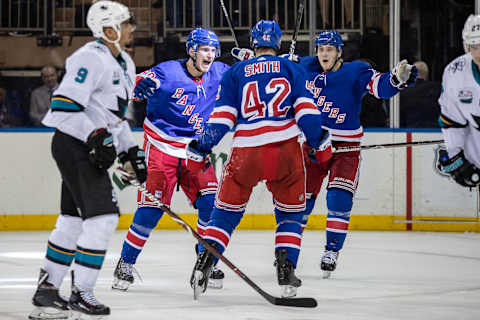 NEW YORK, NY – OCTOBER 11: The New York Rangers Pavel Buchnevich (89) and Jesper Fast (17) are excited to celebrate the goal scored by Brendan Smith (42) during a game between the New York Rangers and the San Jose Sharks on October 11, 2018 at Madison Square Garden in New York, New York. (Photo by John McCreary/Icon Sportswire via Getty Images)