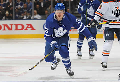 TORONTO, ON – JANUARY 06: Mason Marchment #36 of the Toronto Maple Leafs skates against the Edmonton Oilers during an NHL game at Scotiabank Arena on January 6, 2020 in Toronto, Ontario, Canada. The Oilers defeated the Maple Leafs 6-4. (Photo by Claus Andersen/Getty Images)